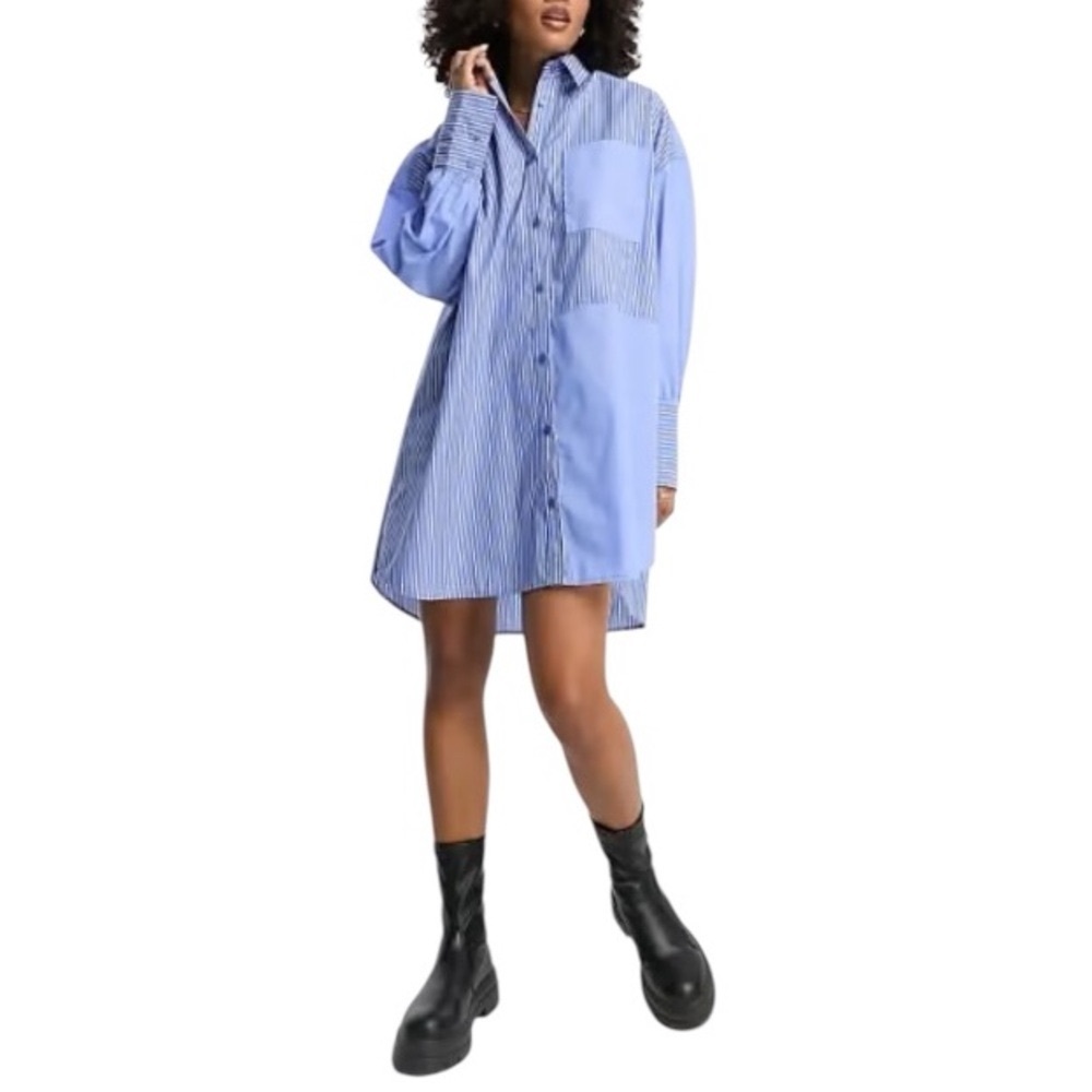ASOS Blue Ticking Stripe Boyfriend Shirt Dress - Picture 2 of 9
